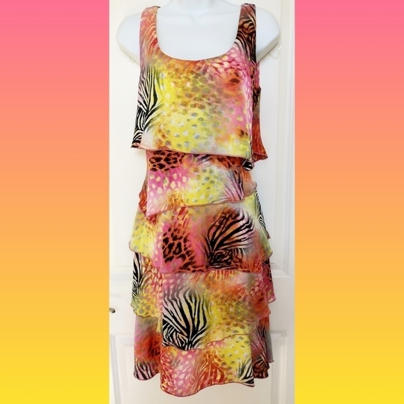 NWT Party tiered Silky dress in pink, yellow leopard print - Picture 2 of 10